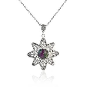 Filigree Art Ruby Zoisite Gemstone Sunflower Design Women Silver Pendant Necklace