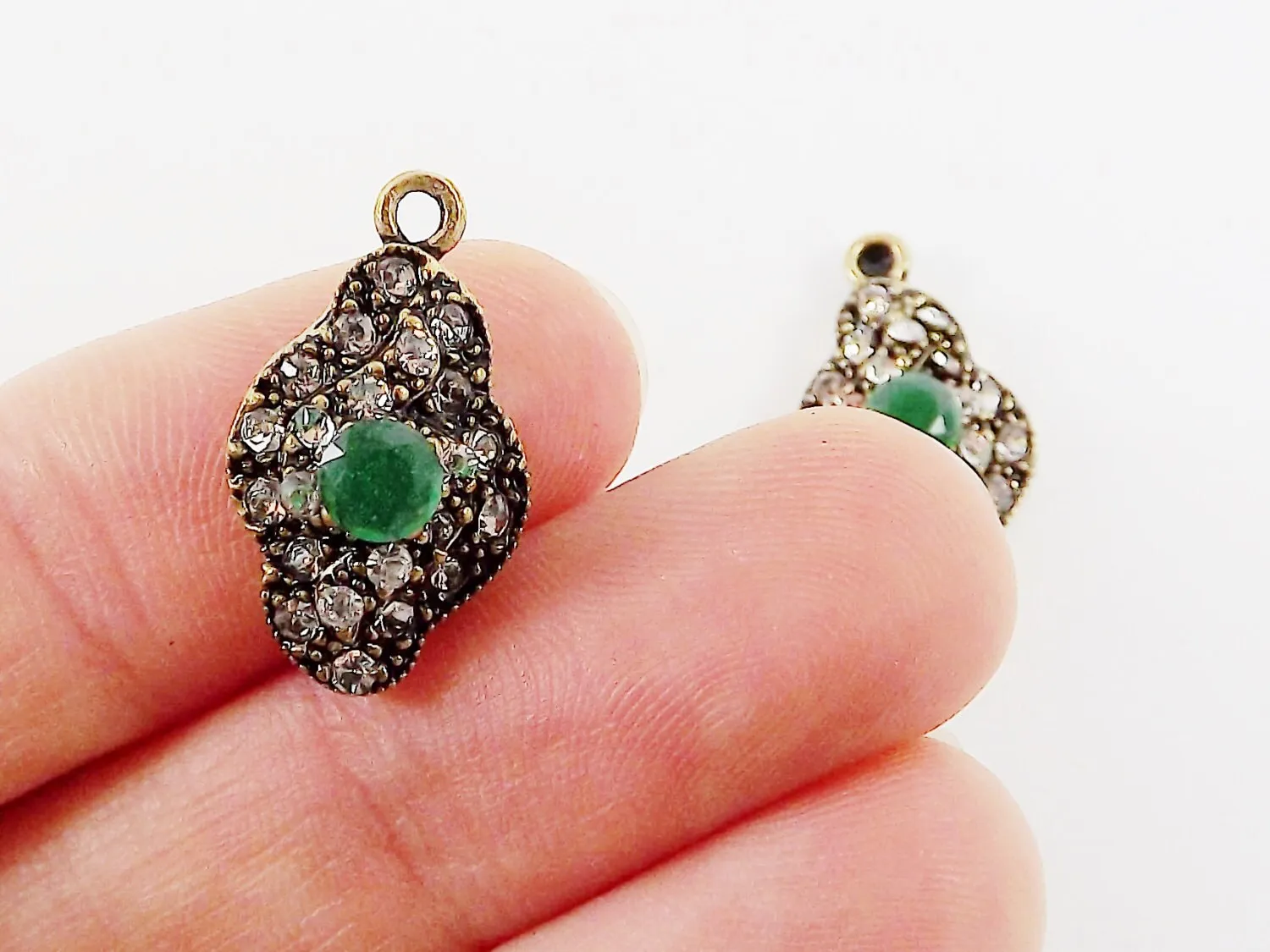 Green Clear Rhinestone Crystal Small Pendants - Antique Bronze - 2PC - No:32 - Turkish Jewelry