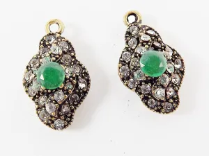 Green Clear Rhinestone Crystal Small Pendants - Antique Bronze - 2PC - No:32 - Turkish Jewelry