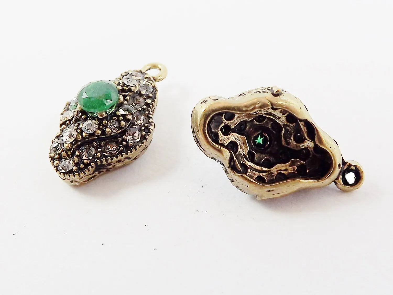 Green Clear Rhinestone Crystal Small Pendants - Antique Bronze - 2PC - No:32 - Turkish Jewelry