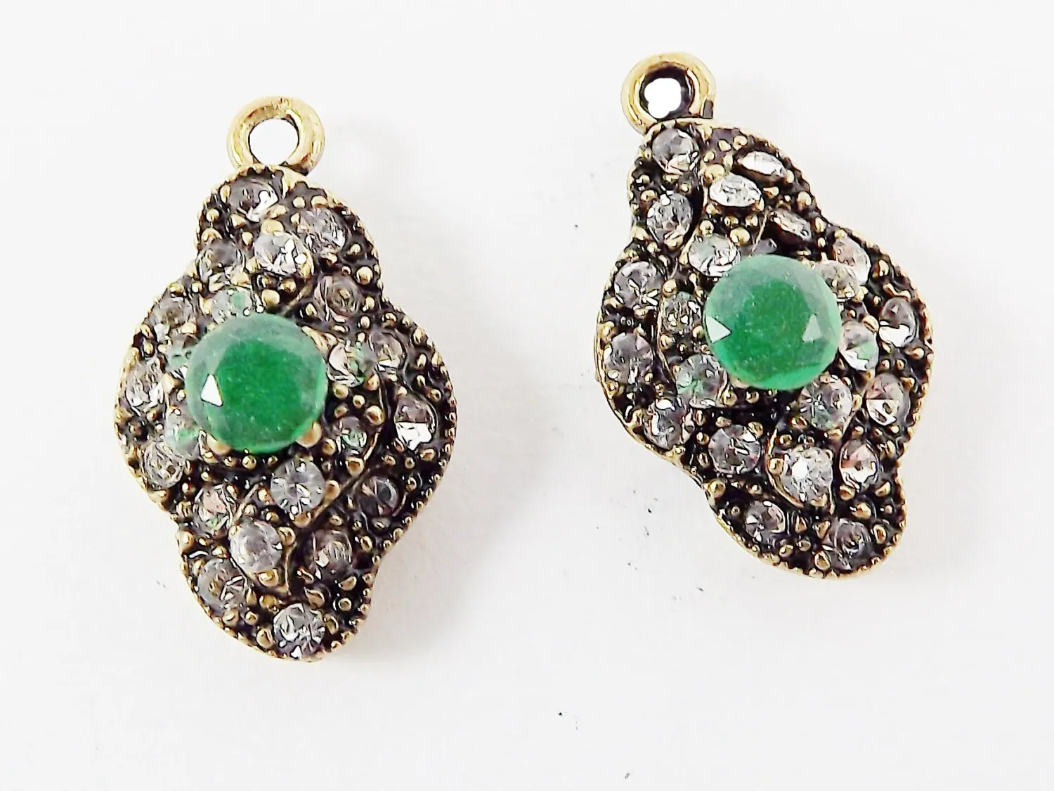 Green Clear Rhinestone Crystal Small Pendants - Antique Bronze - 2PC - No:32 - Turkish Jewelry