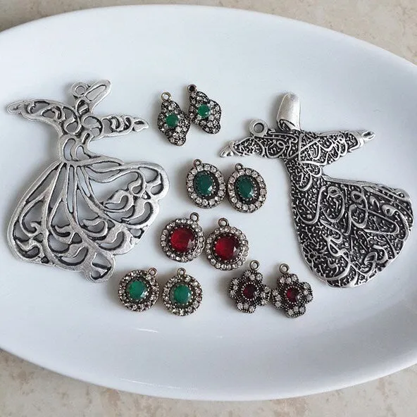 Green Clear Rhinestone Crystal Small Pendants - Antique Bronze - 2PC - No:32 - Turkish Jewelry