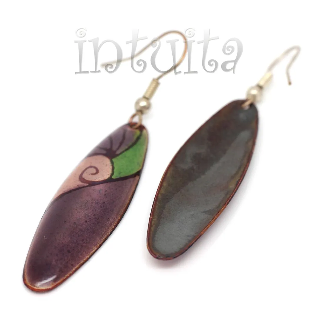 Handmade Elliptic Enamel Dangle Earrings With Colorful Flower Pattern