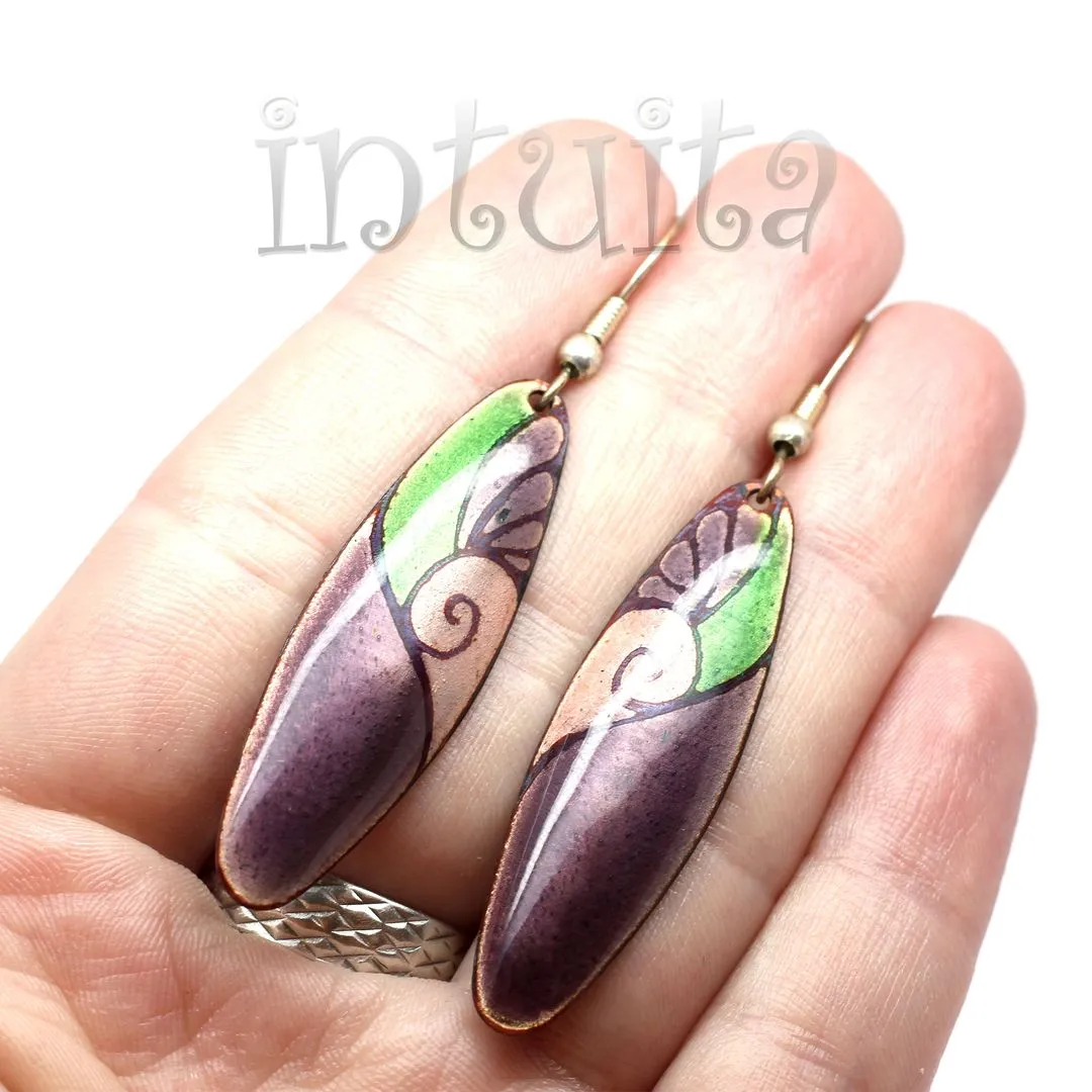 Handmade Elliptic Enamel Dangle Earrings With Colorful Flower Pattern