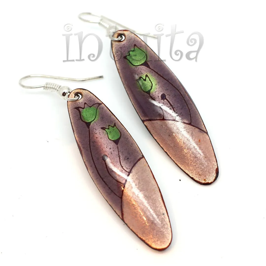 Handmade Elliptic Enamel Dangle Earrings With Colorful Flower Pattern