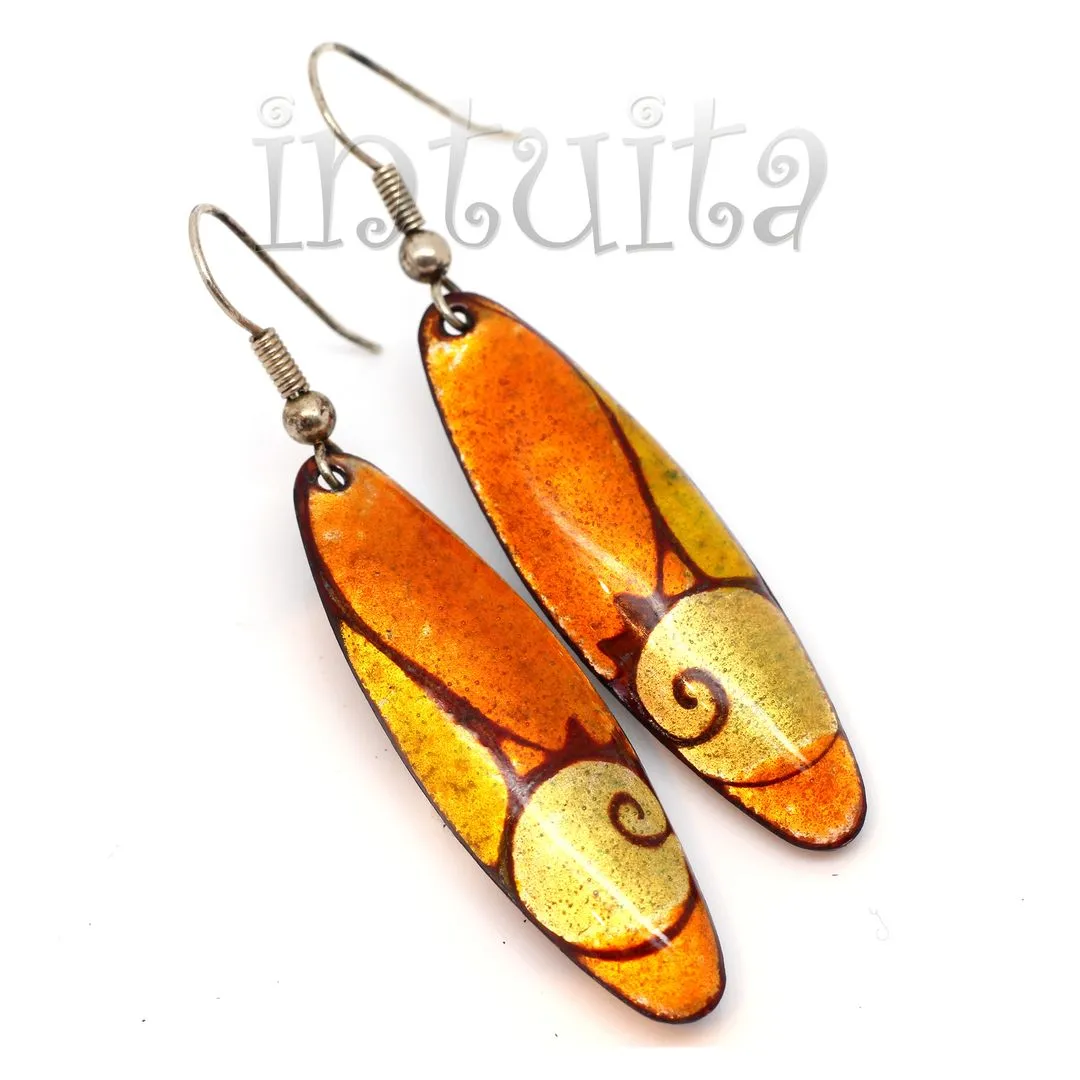 Handmade Elliptic Enamel Dangle Earrings With Colorful Flower Pattern
