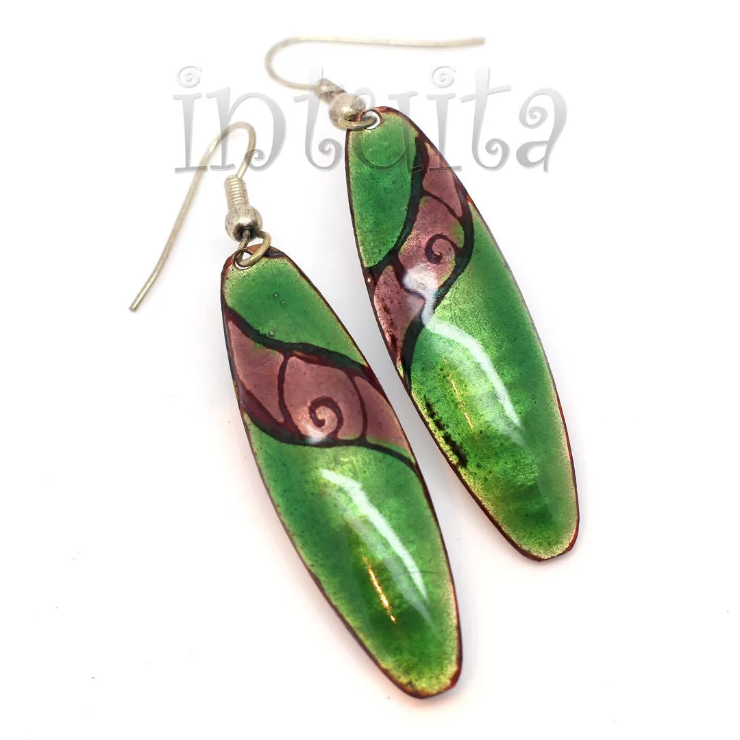 Handmade Elliptic Enamel Dangle Earrings With Colorful Flower Pattern