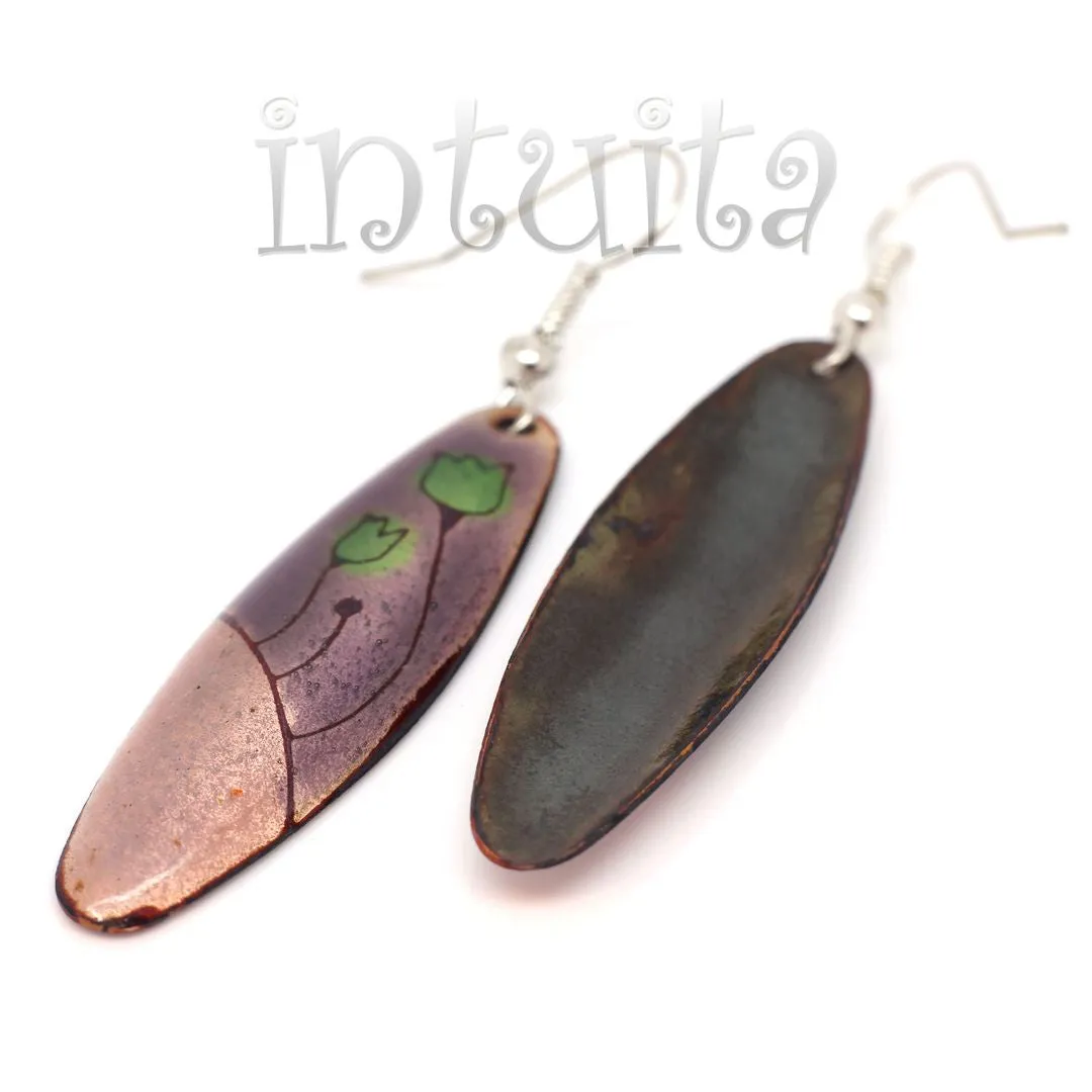 Handmade Elliptic Enamel Dangle Earrings With Colorful Flower Pattern