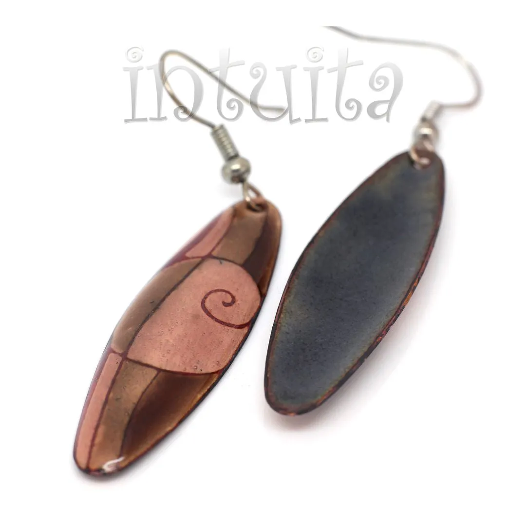 Handmade Elliptic Enamel Dangle Earrings With Colorful Flower Pattern