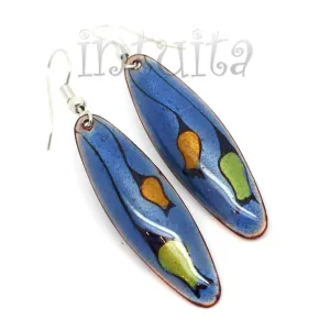 Handmade Elliptic Enamel Dangle Earrings With Colorful Flower Pattern