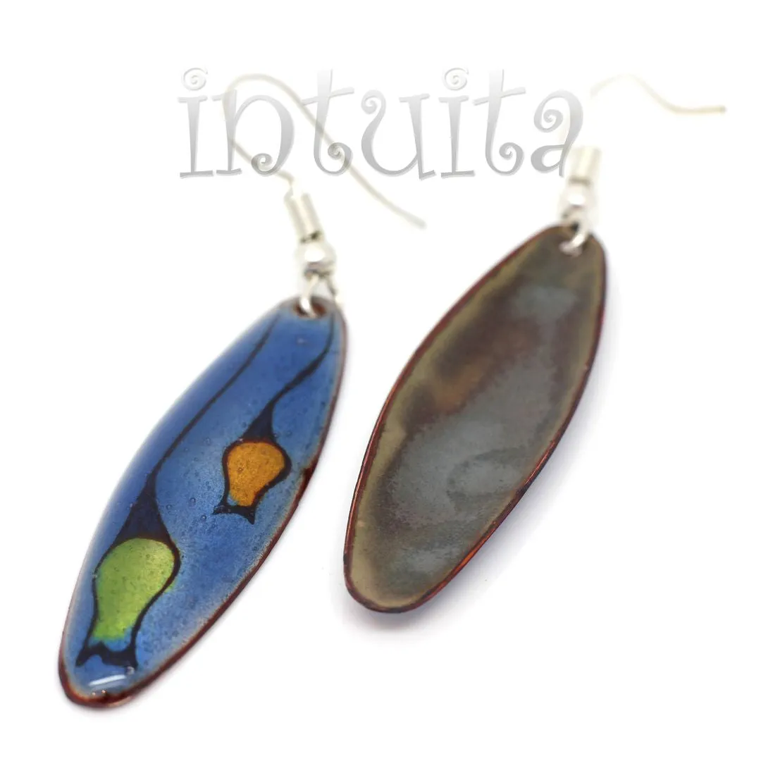 Handmade Elliptic Enamel Dangle Earrings With Colorful Flower Pattern