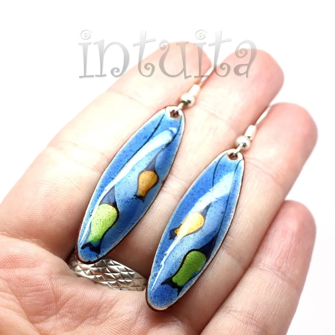 Handmade Elliptic Enamel Dangle Earrings With Colorful Flower Pattern