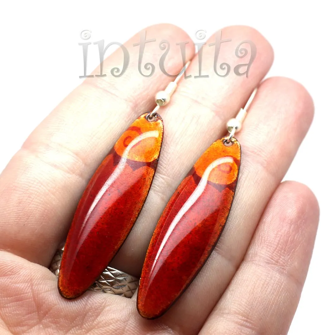 Handmade Elliptic Enamel Dangle Earrings With Colorful Flower Pattern