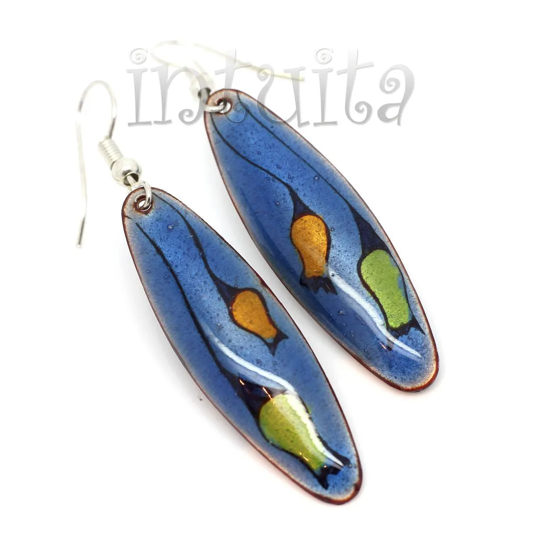 Handmade Elliptic Enamel Dangle Earrings With Colorful Flower Pattern
