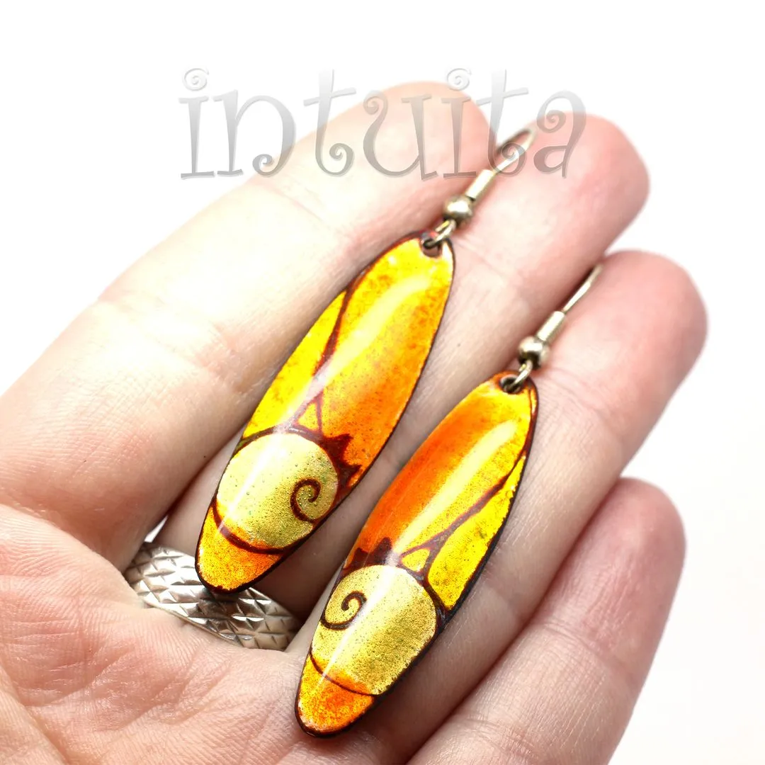 Handmade Elliptic Enamel Dangle Earrings With Colorful Flower Pattern