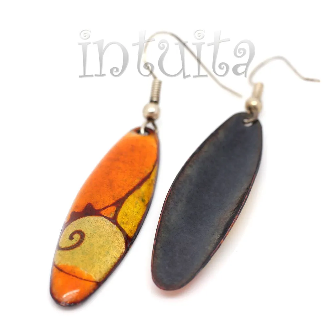 Handmade Elliptic Enamel Dangle Earrings With Colorful Flower Pattern