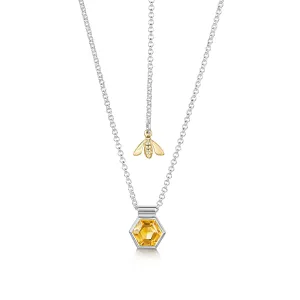 Honeycomb Silver Pendant with Citrine & 9ct Yellow Gold Bee