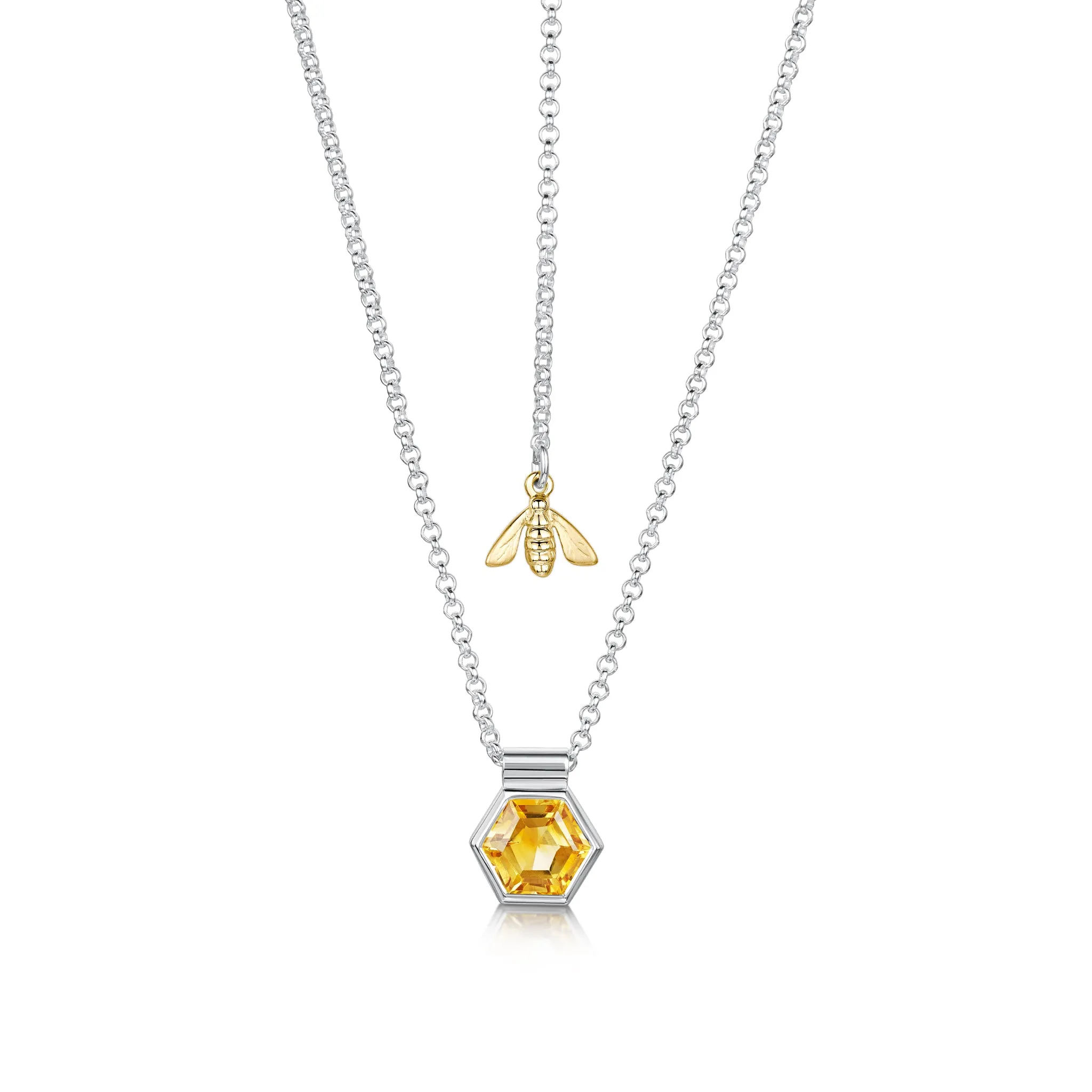Honeycomb Silver Pendant with Citrine & 9ct Yellow Gold Bee