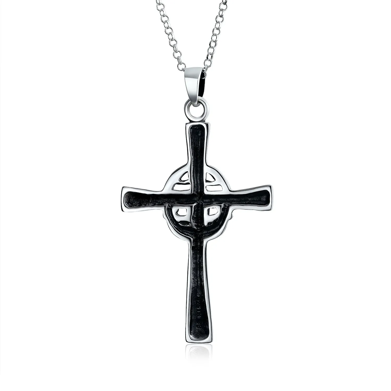 Irish Celtic Knot Claddagh Cross Pendant Necklace in Oxidized Sterling Silver