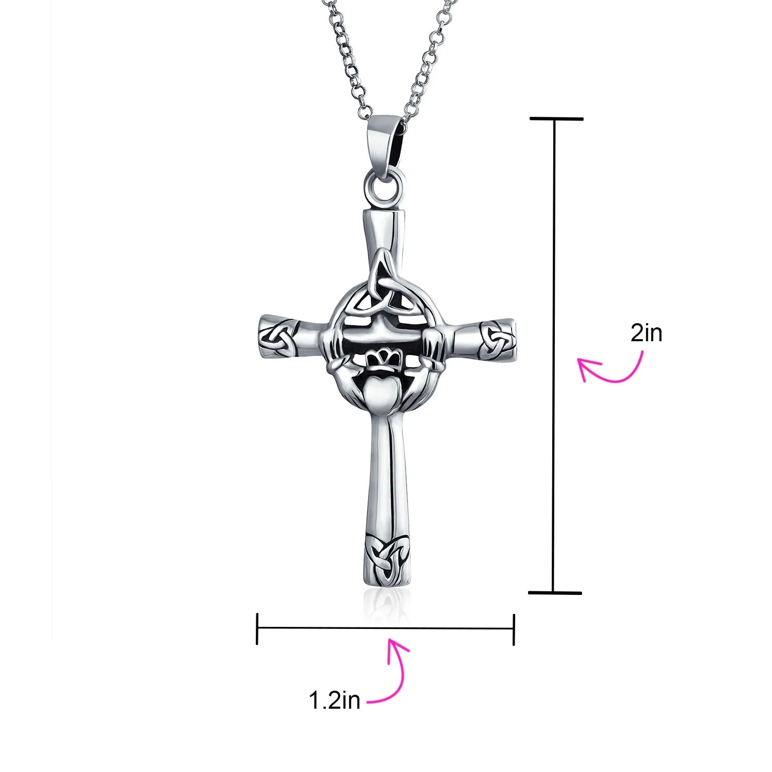 Irish Celtic Knot Claddagh Cross Pendant Necklace in Oxidized Sterling Silver