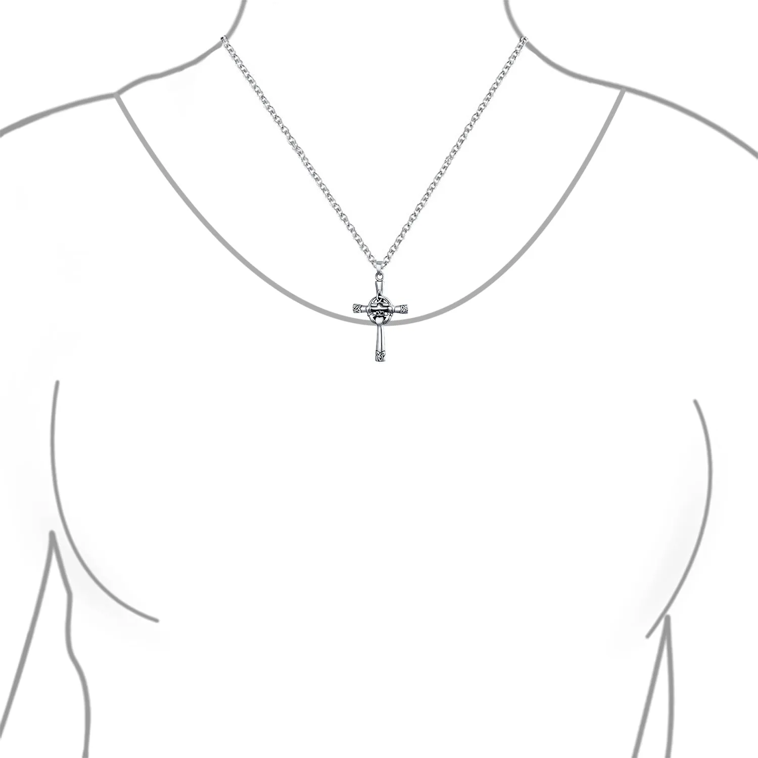 Irish Celtic Knot Claddagh Cross Pendant Necklace in Oxidized Sterling Silver