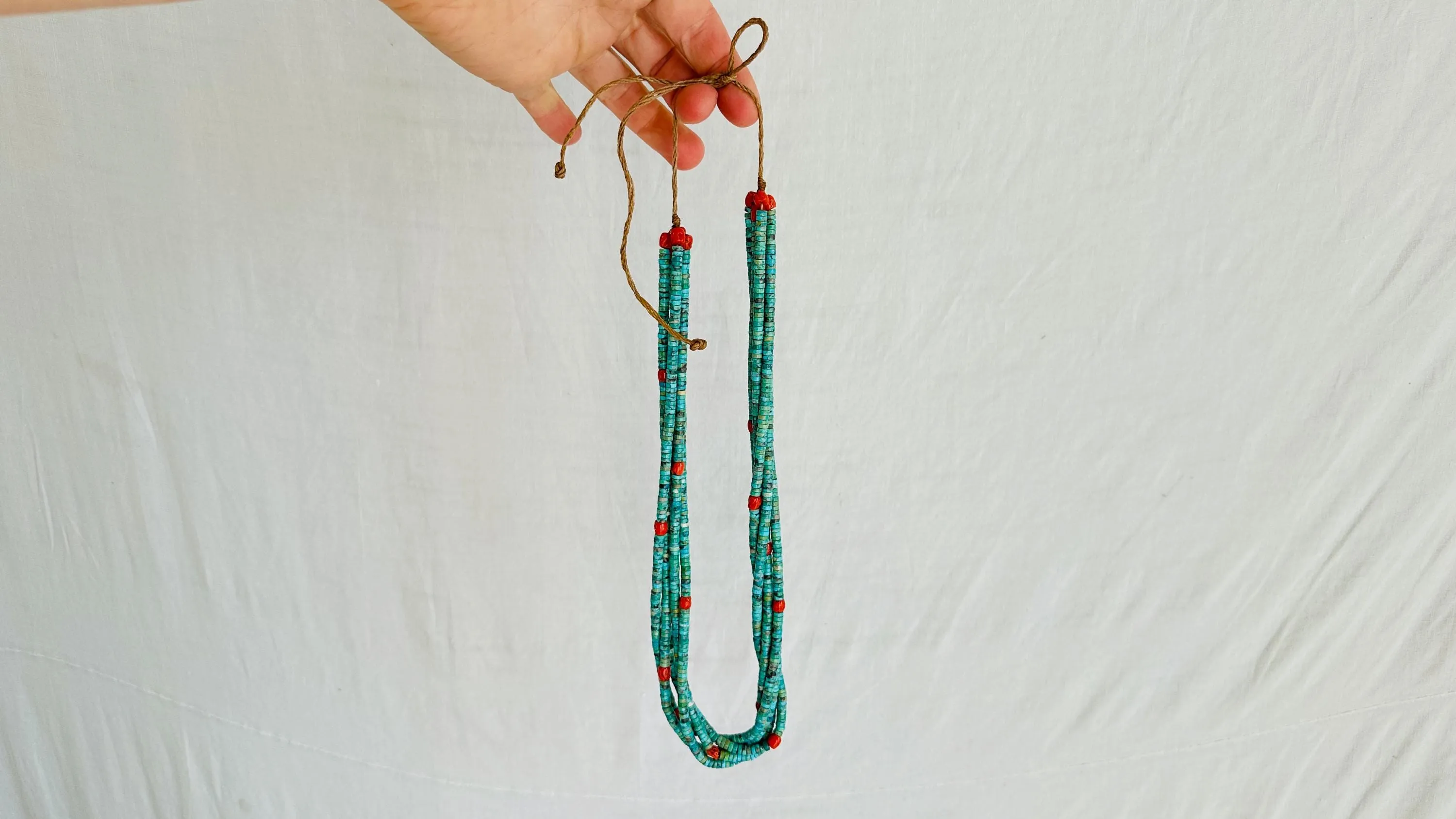 Kewa Pueblo Turquoise & Coral Necklace. Multi-Strand Native American Jewelry.
