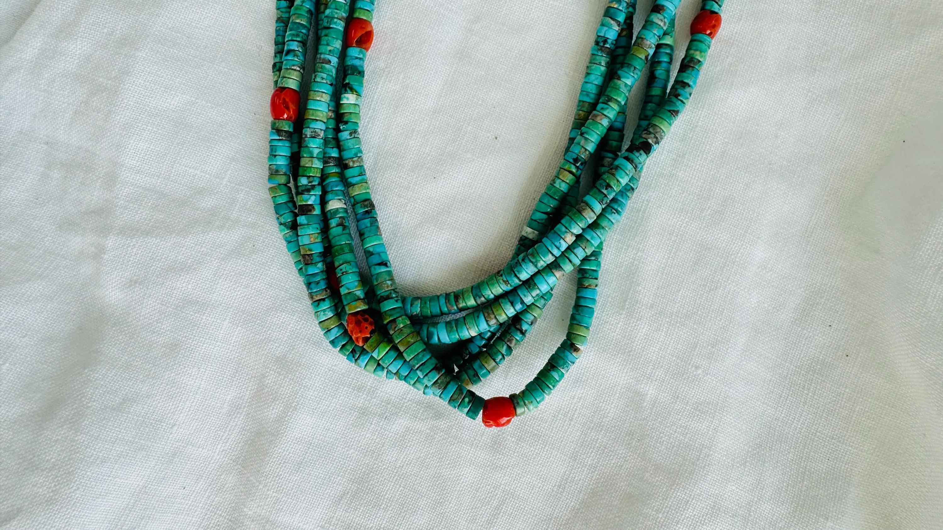 Kewa Pueblo Turquoise & Coral Necklace. Multi-Strand Native American Jewelry.