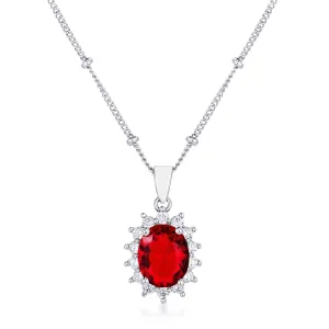 LOVCIA Rhodium Coated Elegant Ruby Red Oval Pendant
