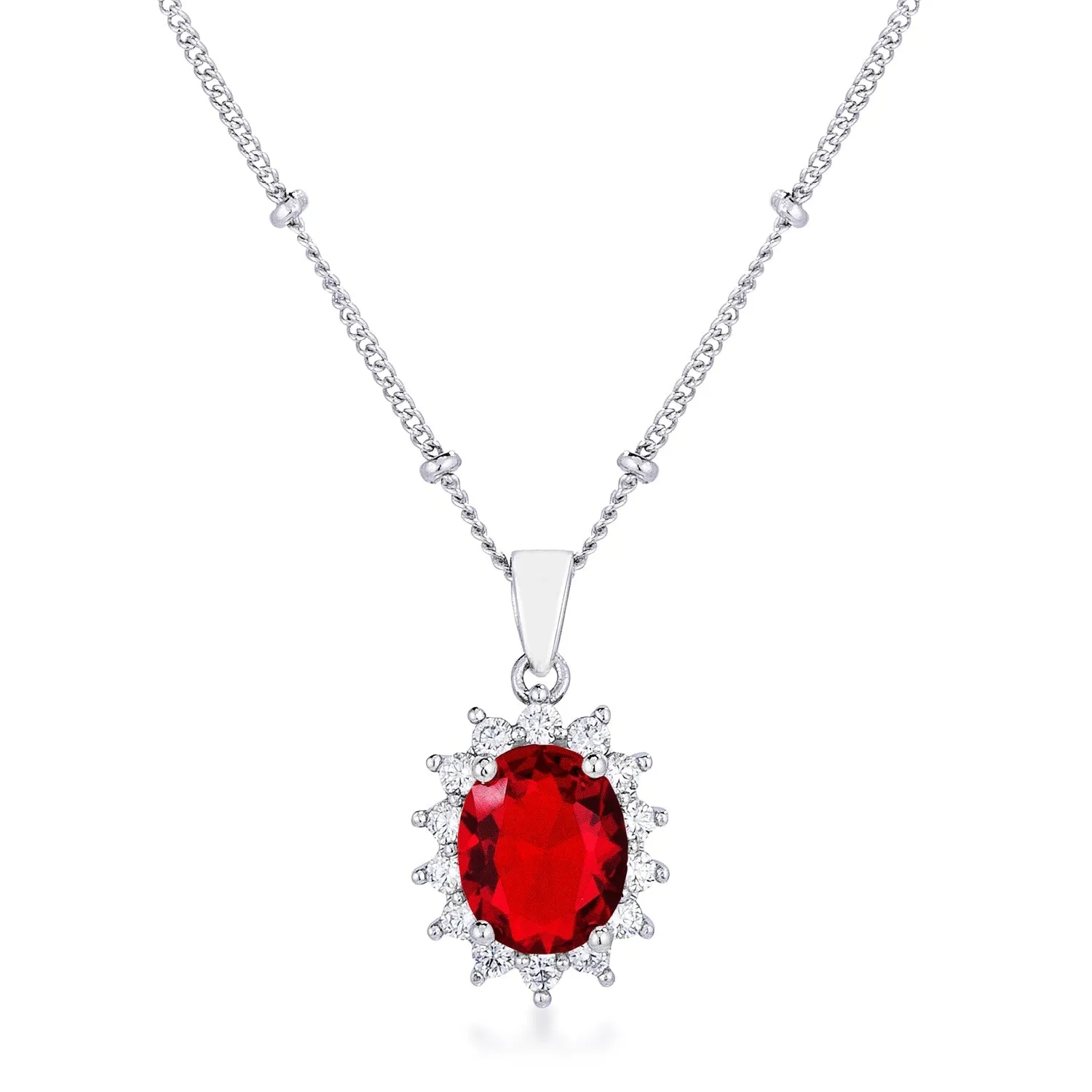 LOVCIA Rhodium Coated Elegant Ruby Red Oval Pendant