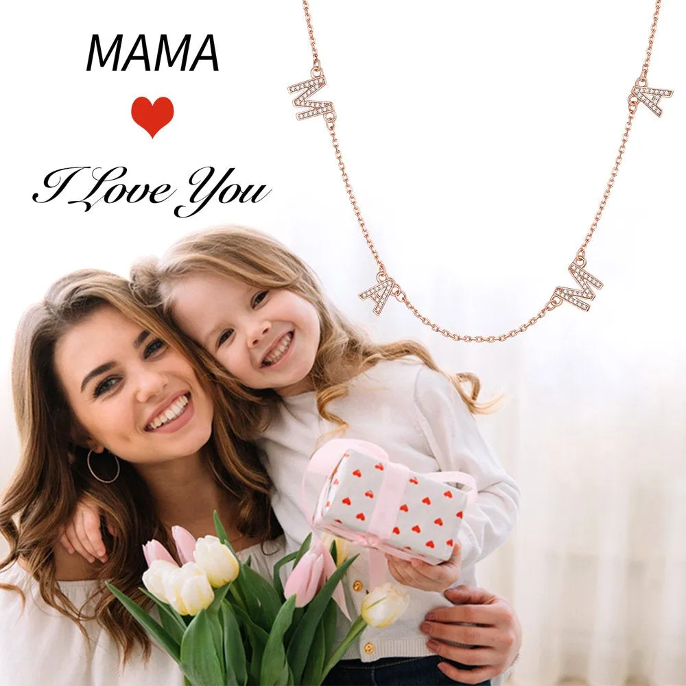 Mama Necklace 925 Sterling Silver Necklace Shiny Cubic Zirconia Letter Pendant Necklaces for Women Mom Mothers Day Gift - Rose Gold