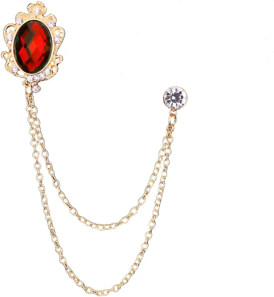 Men's Crystal Brooch Lapel Pin Badge Hanging Chains Collar Brooches Pin for Career Suit Tuxedo of Shirts Tie Hat Scarf for Boyfriend Father Birthday (Red)