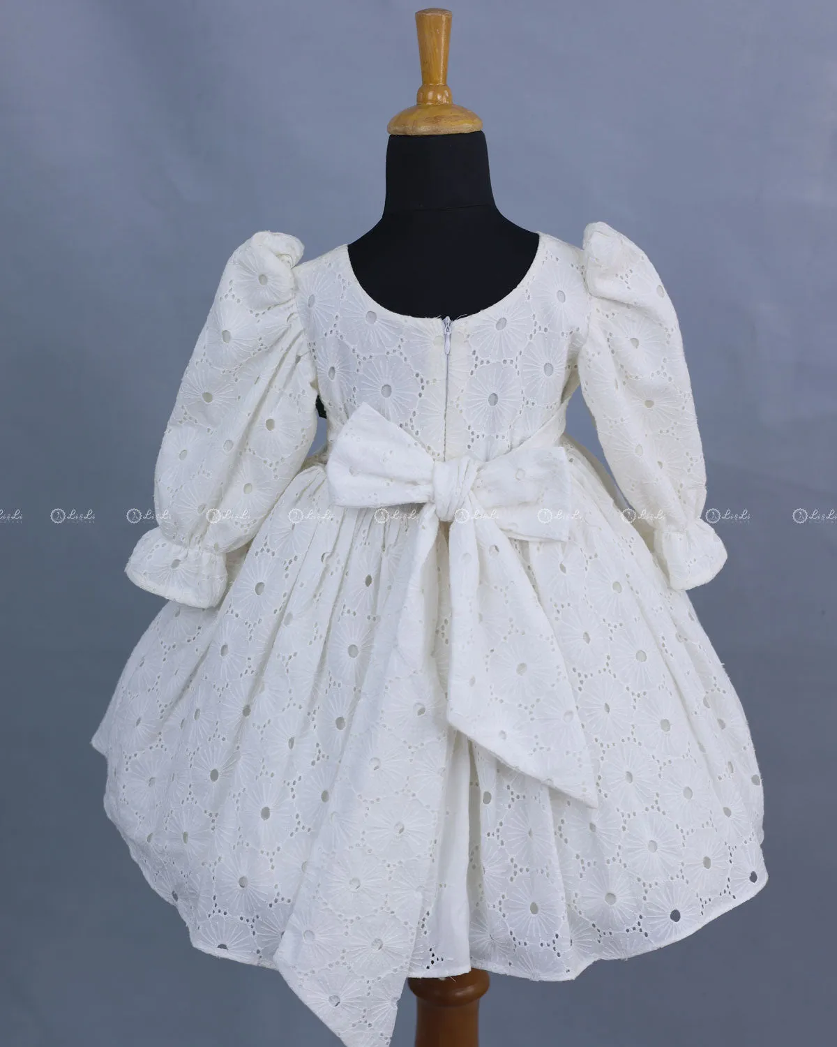 Milky White Hacoba Puff Sleeve Frock with Detachable Brooches on Waistline