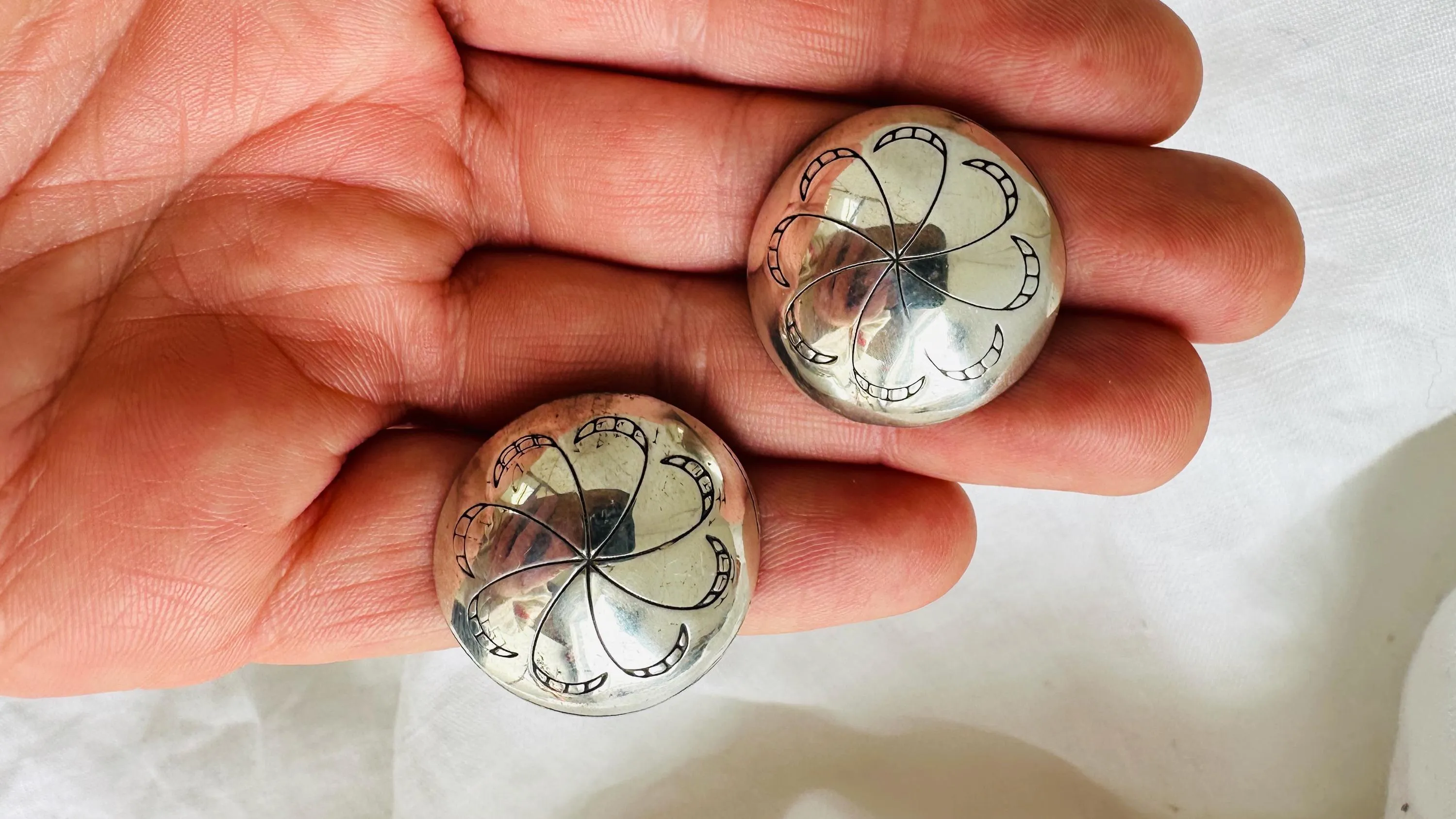 Navajo Round Concho Earrings. Sterling Silver Posts. Dine Artisan Ben J Chavez Signed. 4159