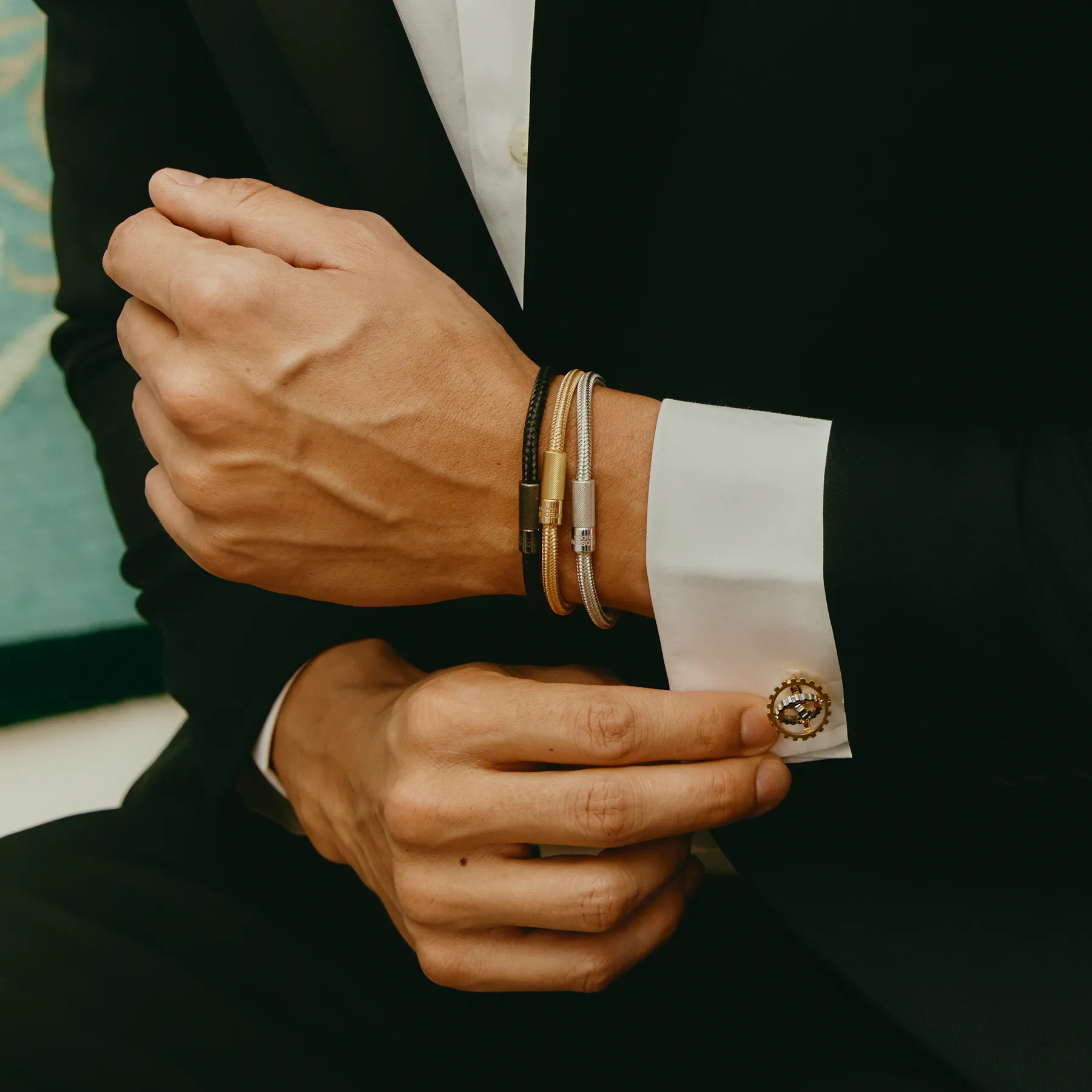 Orbit Gear Cufflinks in Yellow Gold Plated & Blue Enamel