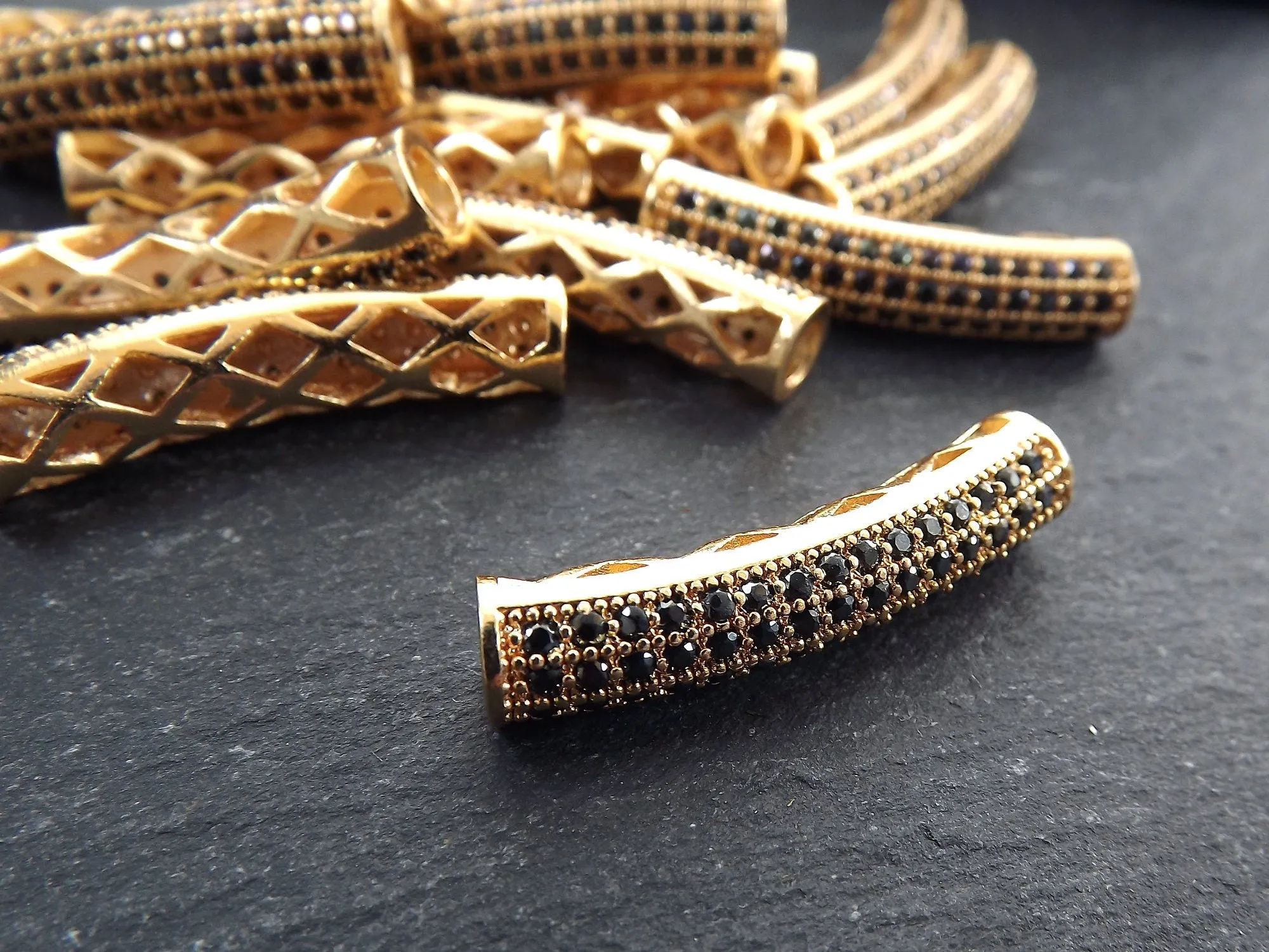 Pave Tube Bar Bead, Gold Curve Bead, Gold Tube Spacer, Curve Tube, Beading Tube, Gold Bar, Bracelet Bead, Bar, 22k Shiny Gold, 1pc