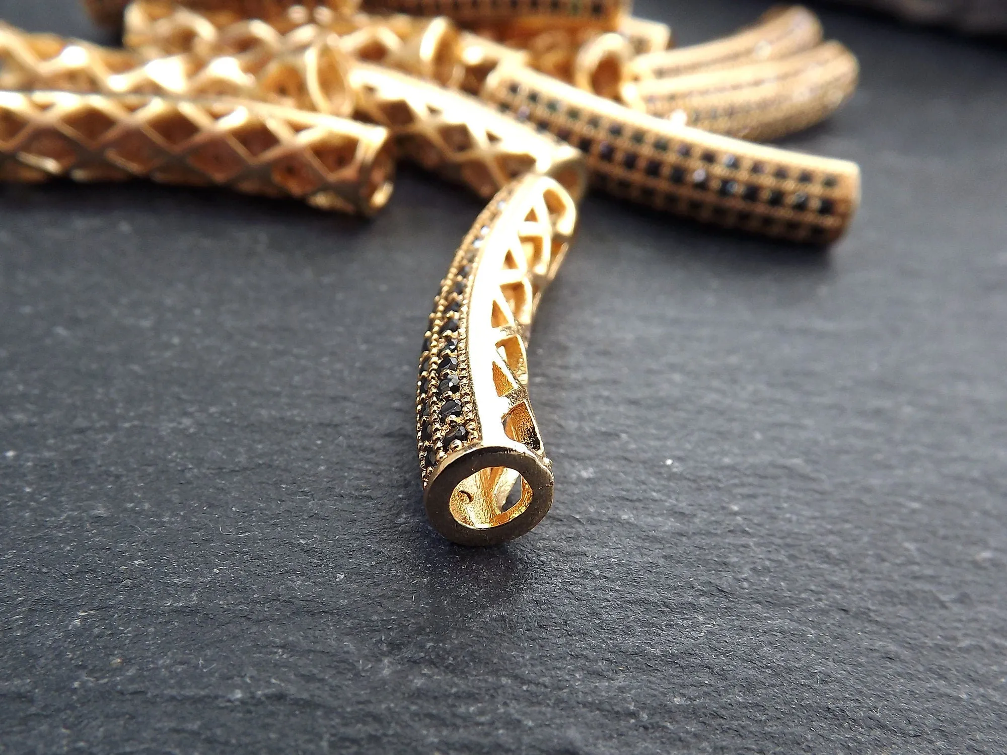 Pave Tube Bar Bead, Gold Curve Bead, Gold Tube Spacer, Curve Tube, Beading Tube, Gold Bar, Bracelet Bead, Bar, 22k Shiny Gold, 1pc