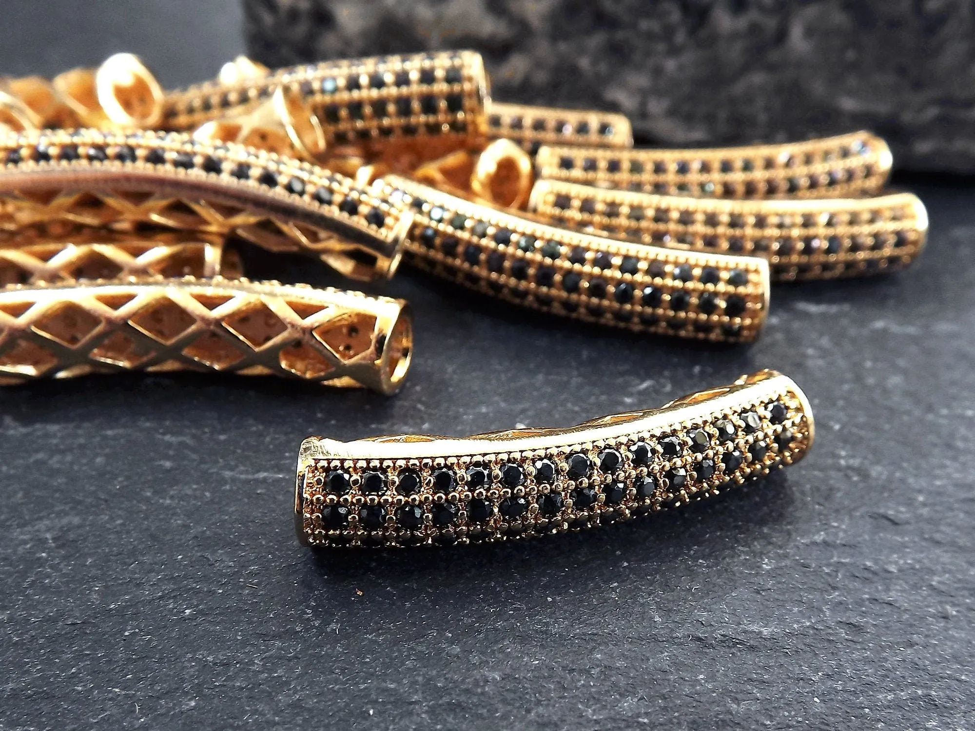 Pave Tube Bar Bead, Gold Curve Bead, Gold Tube Spacer, Curve Tube, Beading Tube, Gold Bar, Bracelet Bead, Bar, 22k Shiny Gold, 1pc
