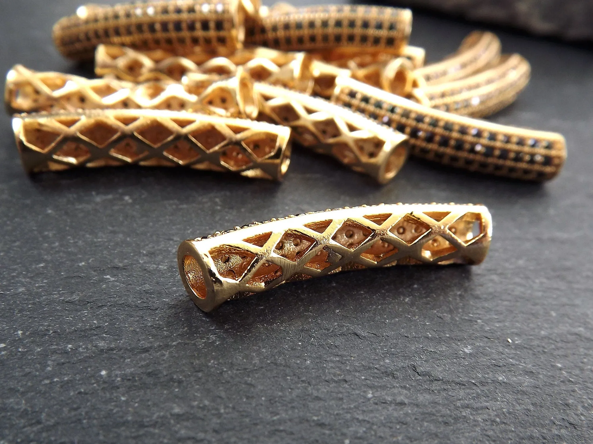 Pave Tube Bar Bead, Gold Curve Bead, Gold Tube Spacer, Curve Tube, Beading Tube, Gold Bar, Bracelet Bead, Bar, 22k Shiny Gold, 1pc