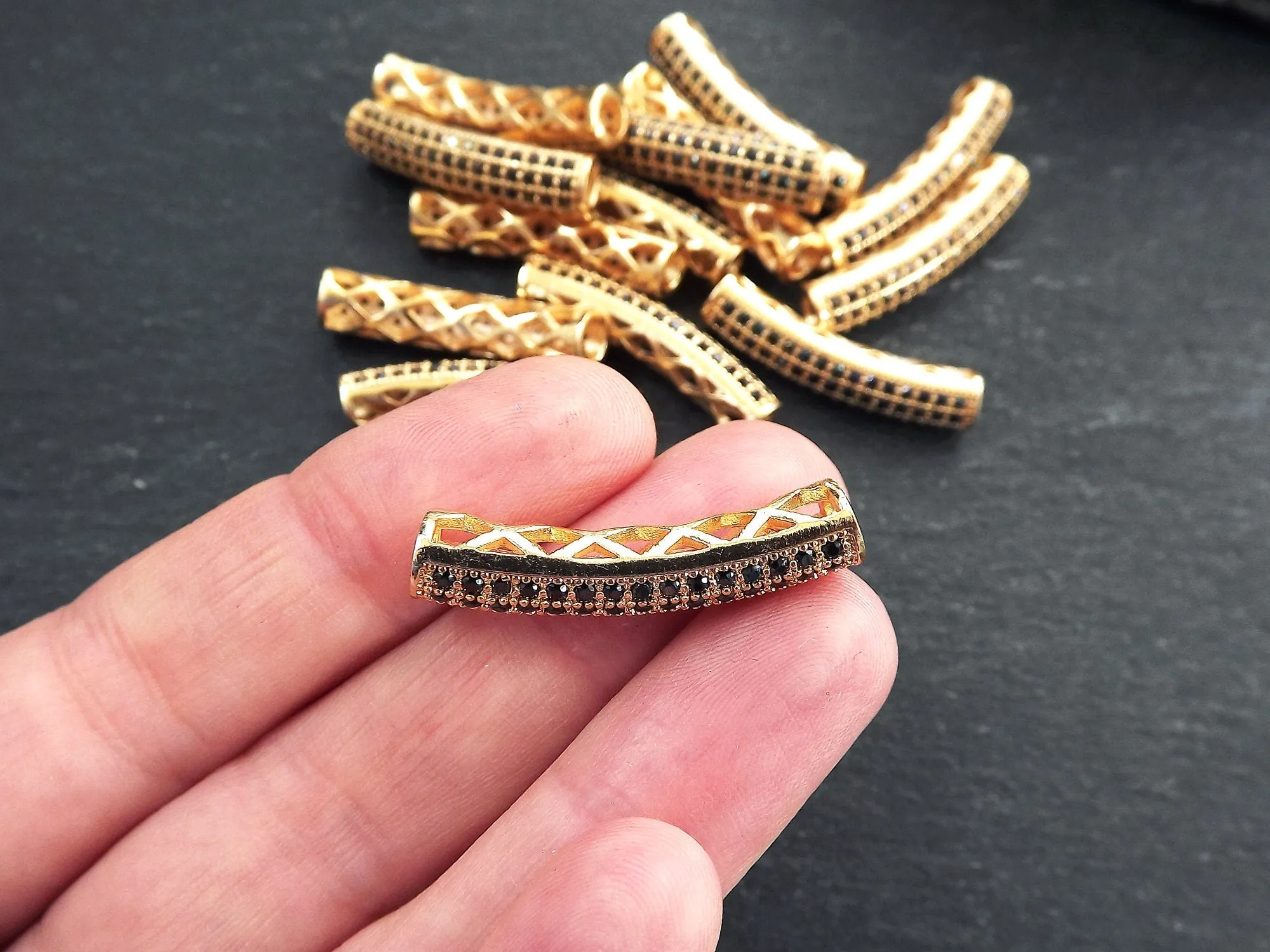 Pave Tube Bar Bead, Gold Curve Bead, Gold Tube Spacer, Curve Tube, Beading Tube, Gold Bar, Bracelet Bead, Bar, 22k Shiny Gold, 1pc