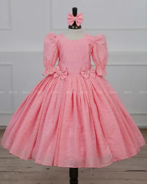 Peach Color Hacoba Puff Sleeve rock with detachable brooches on waistline