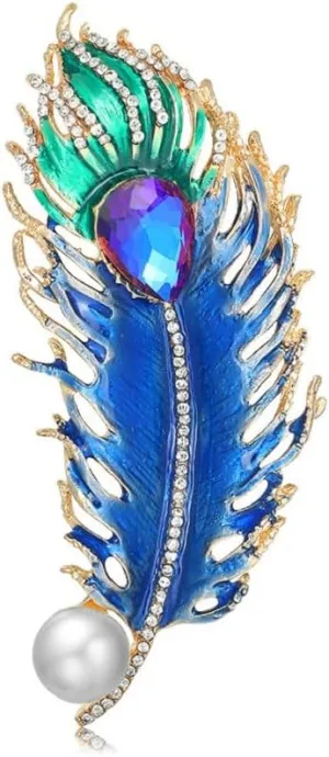 Peacock Feather Brooch Pins for Women, Blue Feather Brooch Pin, Cute Feather Leaf Brooch Lapel Pin, Bohemian Pearl Feather Brooches Pins for Women Hat Bag Suit Dress Accessories Jewelry