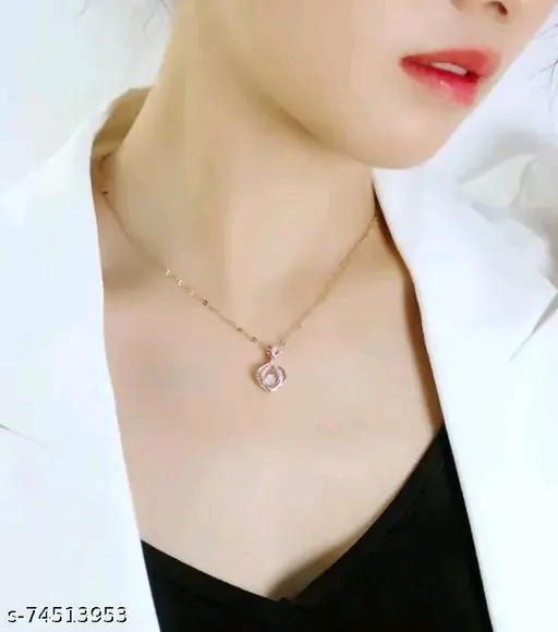Rose Gold American Diamond Pendant &amp; Chain Set for Women – Cubic Zirconia, Short Necklace, Brass Base Metal, Free Size