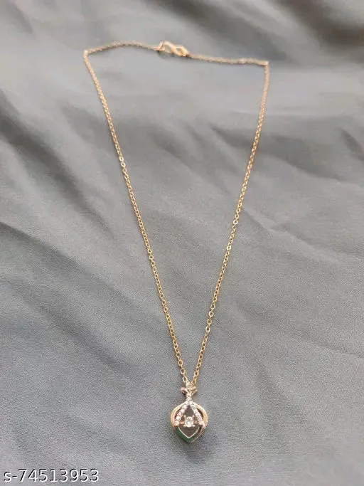 Rose Gold American Diamond Pendant &amp; Chain Set for Women – Cubic Zirconia, Short Necklace, Brass Base Metal, Free Size