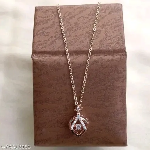 Rose Gold American Diamond Pendant &amp; Chain Set for Women – Cubic Zirconia, Short Necklace, Brass Base Metal, Free Size