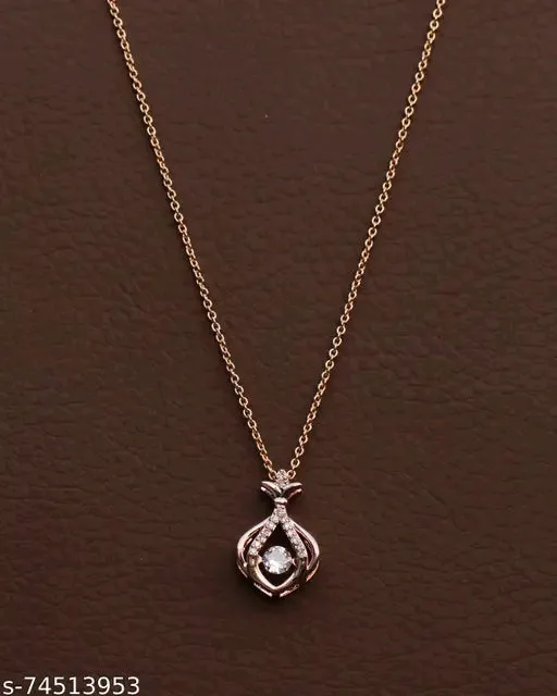 Rose Gold American Diamond Pendant &amp; Chain Set for Women – Cubic Zirconia, Short Necklace, Brass Base Metal, Free Size