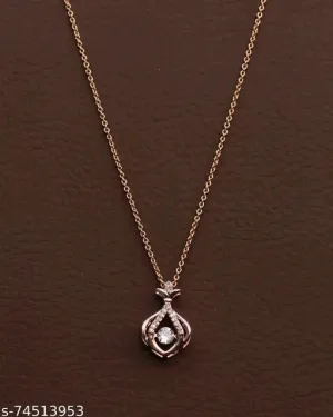Rose Gold American Diamond Pendant &amp; Chain Set for Women – Cubic Zirconia, Short Necklace, Brass Base Metal, Free Size