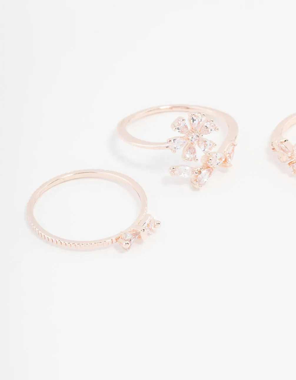 Rose Gold Plated Pearl Bow & Flower Ring 4-Pack