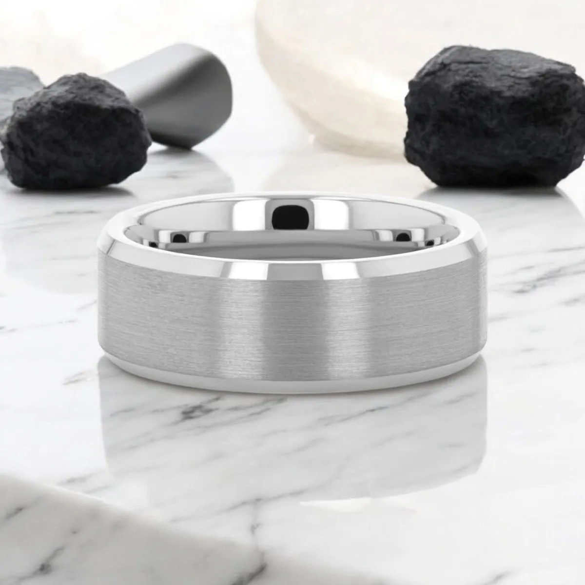 SHEFFIELD | Silver Tungsten Ring, Brushed Center, Beveled
