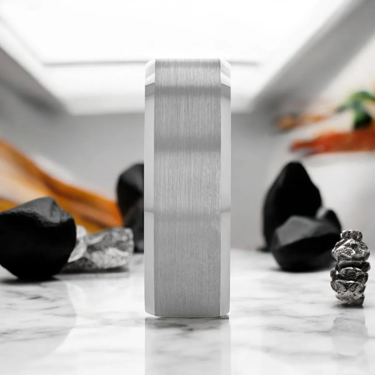 SHEFFIELD | Silver Tungsten Ring, Brushed Center, Beveled