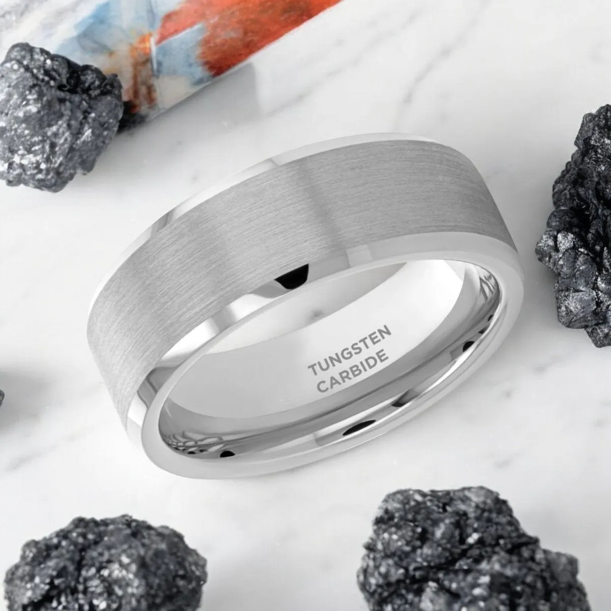 SHEFFIELD | Silver Tungsten Ring, Brushed Center, Beveled